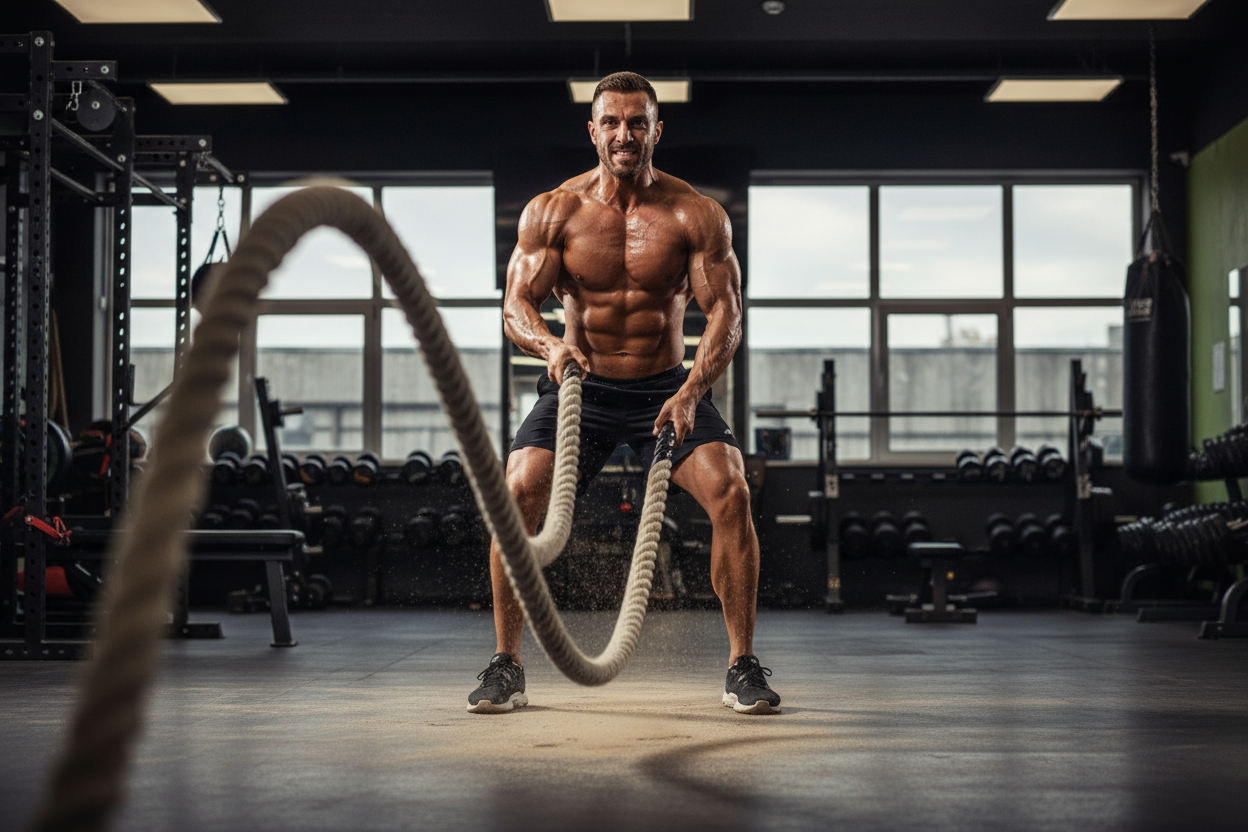 A body builder doinng rope exercise and pulling ropes 